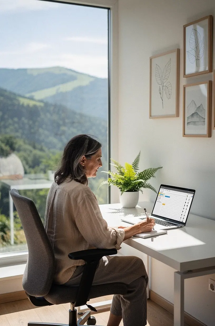 Imagine de birou organizat cu un singur laptop și o cană de cafea, simbolizând minimalismul digital.